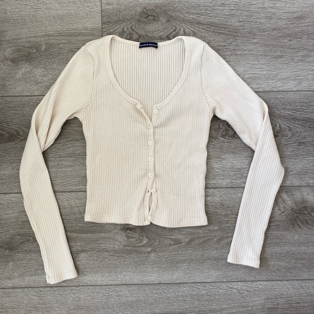 Brandy Melville Long Sleeve Rib Button Top - Cream/Off White